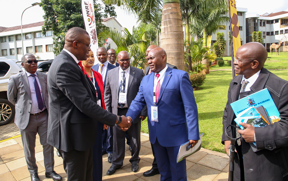 VC Prof. Benedict Mutua (2nd R) among other distinguished guests receive Cabinet Secretary, Ministry of Information, Communication and Digital Economy, Eliud Owalo who was the Chief Guest during 3rd Regional Research Conference that was held at Kenya School of Government