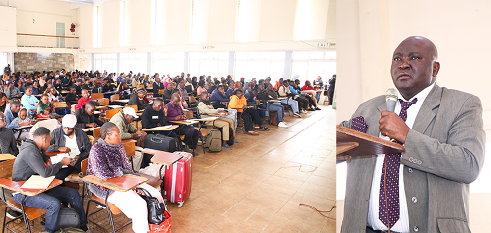 DVC, Academic and Student Affairs Prof. Maurice Amutabi speaking to first years during orientation. 