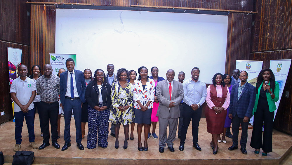Guests, members of staff, together with the Executive Dean, FAST, Prof. Francis Gatheri who was the chief guest during Sustainability Champions Network (SCN) Campus Eco Impact Tour event that was held at the TU-K.