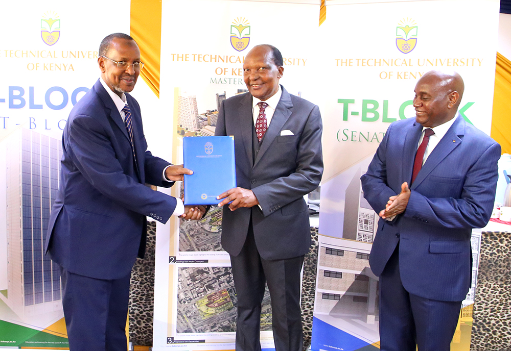 Council Chairman, Dr Omar Farah presents the Chancellor, Dr Jared Kangwana with his Doctorate certificate