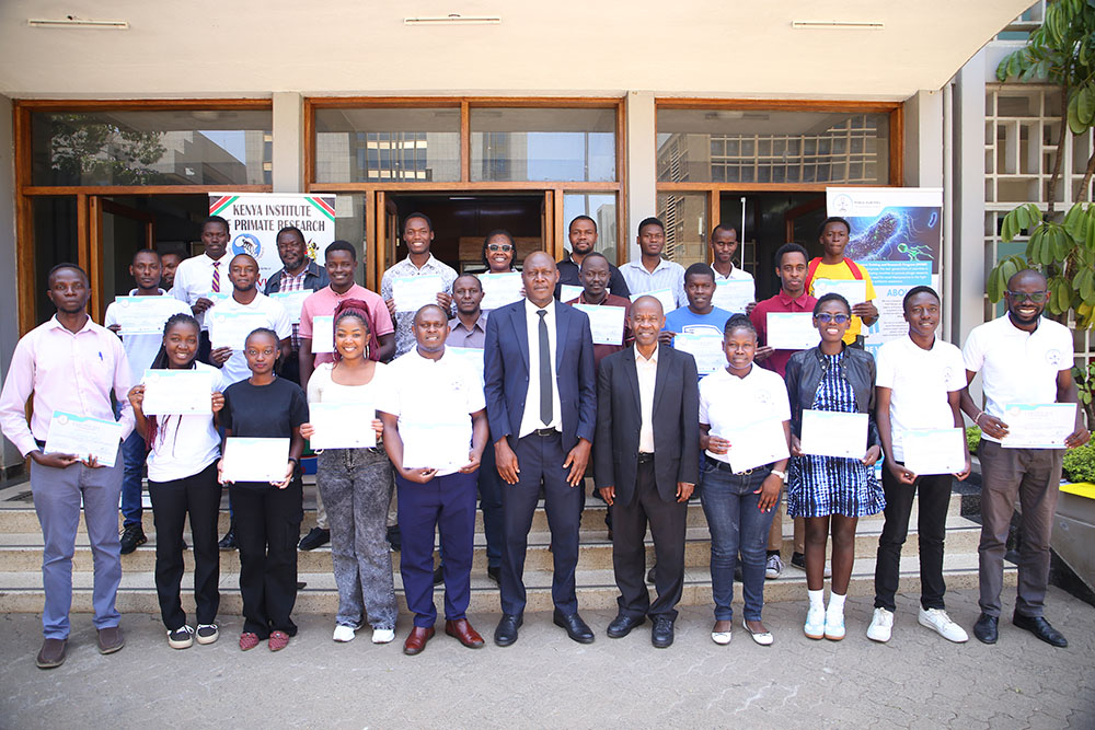 Participants in a group picture with DVC, Research, Technology and Development (RTD) Prof. Alfred Orina award certificate to the participants. Prof. George Amolo, Executive Dean, Faculty of Applied Sciences and Technology (FAST)
