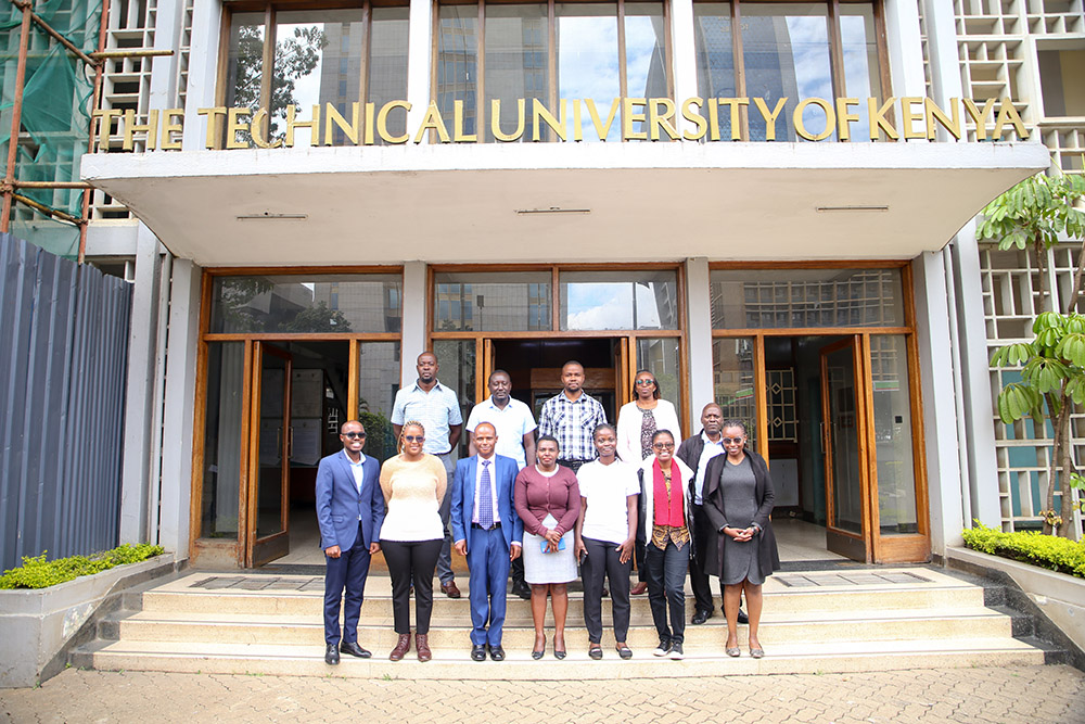 Guests students and facilitators from various universities who were led by the Principal Investigator Dr. Peter Ndangili, a senior lecturer with members of staff after the first session of the science communication training at TU-K