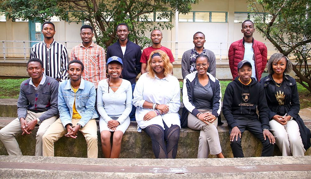 Participating students in the training in a group picture with the keynote speaker Mr. Kipkorir Rono, an Assistant Lecturer at the Department of Mechanical and Aerospace Engineering