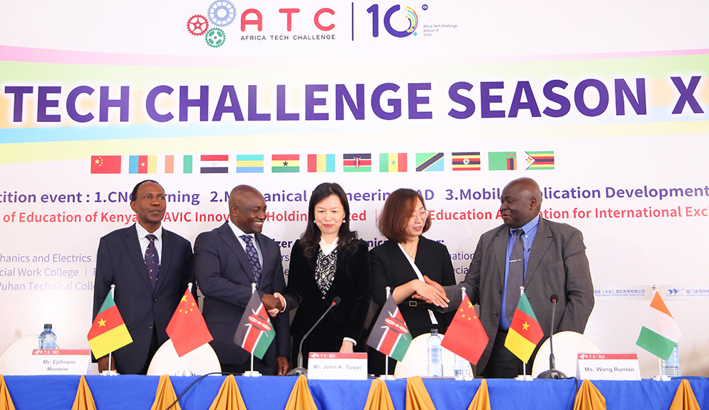 From Left, DVC Prof. Paul Wambua, Director of TVET-Projects and Partnership Mr. John Tuwei, President of AVIC Innovation Holding Ms. Wang Runlan, Deputy General Manager of TVET Department of AVIC Ms. Shi Yue and DVC Prof. Maurice Amutabi during the Africa Tech Challenge (ATC) Season 10 at TU-K.