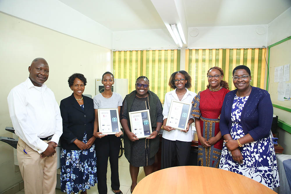 Students who participated in the IMEX-MPI Future Leaders Forum - Meetings Africa, when they received certificates from the chair of the Department of Hospitality and Human Ecology, Dr. Selina Onyango (2nd Right). Also in the picture are members of staff from the Department.