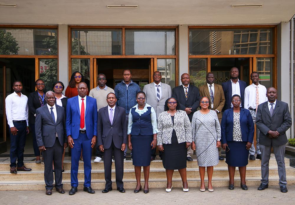 NACOSTI assessment team that was led by the Deputy Director of Institutional Registration and Accreditation, Ms. Christine Apakoreng in a picture with DVCs Prof. Paul Wambua - IAE & Prof. Isaac Orina - RTD, together with members of the ISERC.