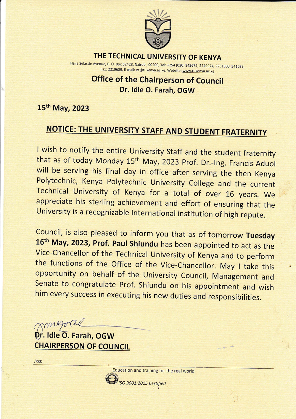AMENDED NOTICE TO STAFF AND STUDENTS2023