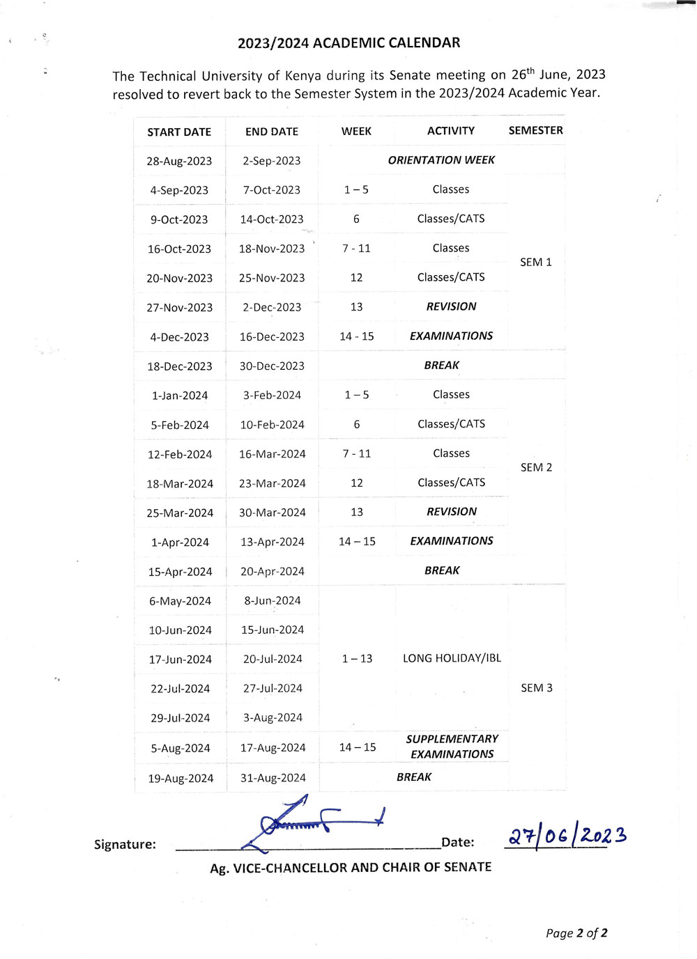 2023/2024 Academic Calendar The Technical University of Kenya