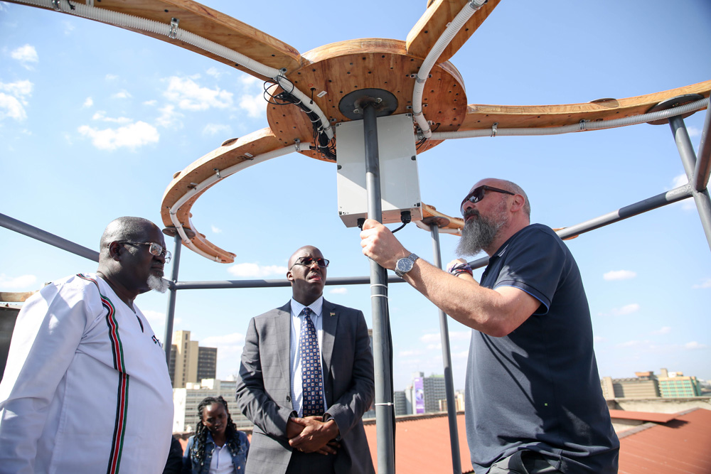 From left, Prof. Paul Baki (TU-K),  Brig. Hillary Kipkosgey, Kenya Space Agency Acting Director General and  Prof. Oleg Smirnov from Rhodes University, South Africa inspecting the just launched telescope atop S-Block