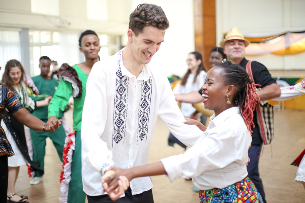 Students and lecturers from TU-K and Universities in Romania join in a dance exhibiting cultural heritage and traditions from Kenya and Romania during the ‘World Day for Cultural Diversity for Dialogue and Development’ which was held at the TU-K’s Main Hall.