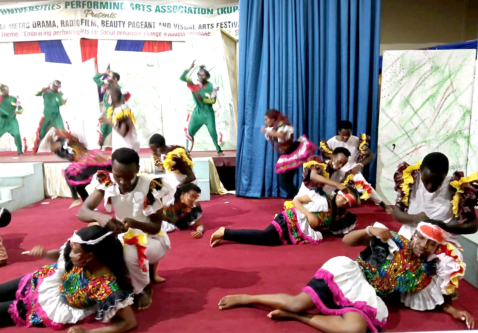 Members of the TU-K Drama team performing during the 6th Metro Regional KUPAA Drama Festivals held at Multimedia University of Kenya