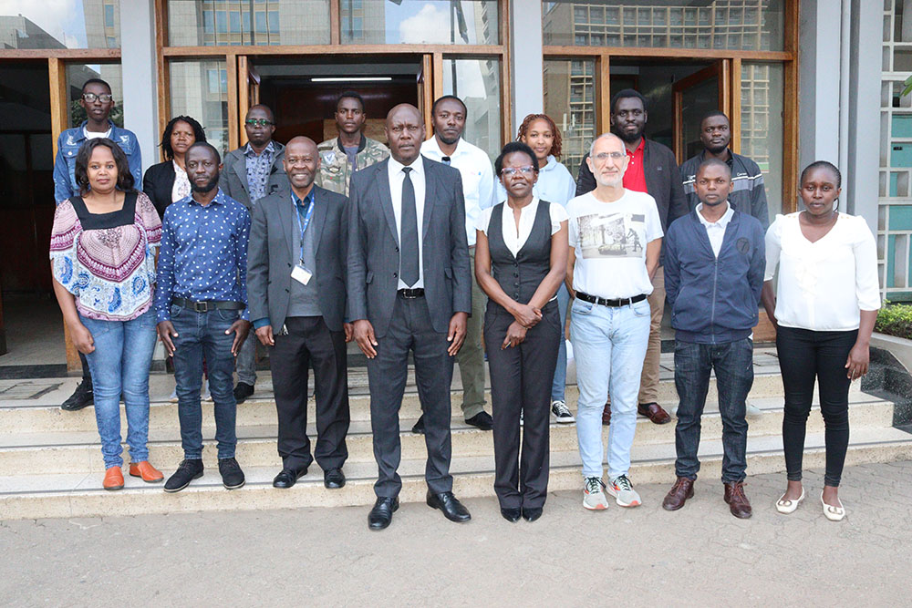 Deputy Vice-Chancellor in charge of Research and Technology Development (RTD), Prof. Isaac Orina, Ag. Executive Dean Faculty of Applied Sciences and Technology (FAST) Prof. George Amolo and Dr. Andrea Marini from Italy, addressing participants during the launch of Advanced Physics tRaining in Collaboration with Africa (APhRICA).