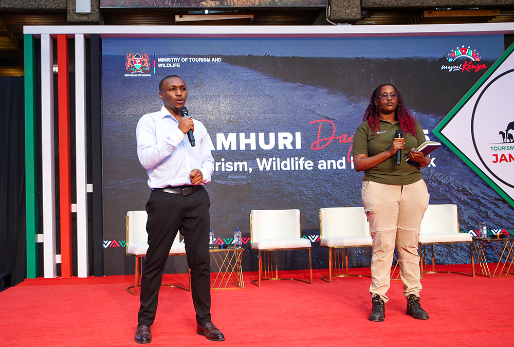 Ms. Sonia Njogu with Kelvin Gakere showcasing 'BTHERE' Tourism Solution at KICC.