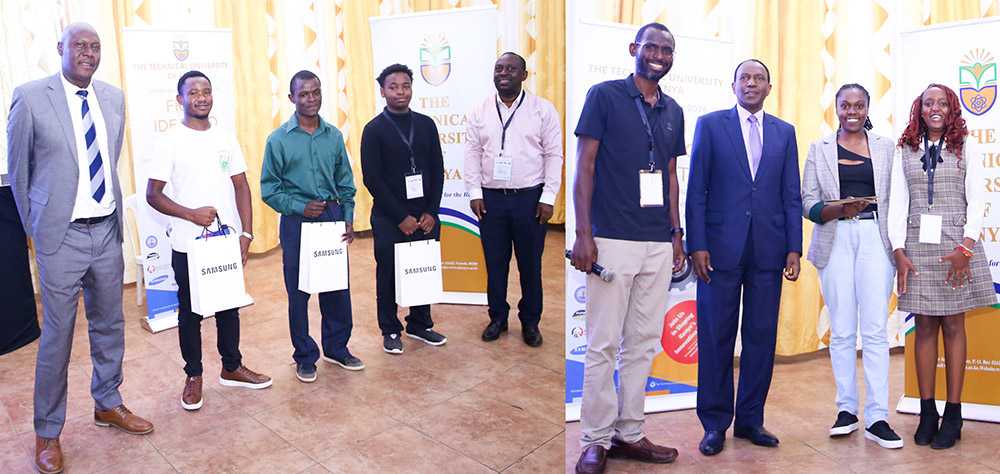  Winners from the Exhibitor Category 'EcoWrap' (right picture) and winners from the Hackathon Category 'Beyond Chemicals' when they were awarded cash prizes and hampers
