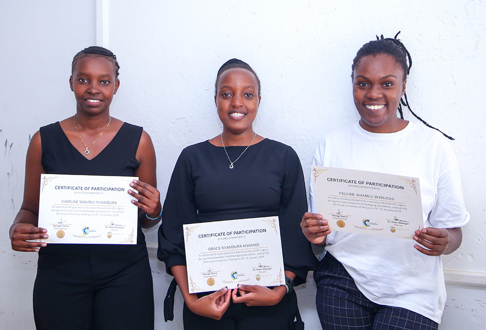 Ecowrap Team from Left to Right: Sherline Wambui, Grace Mwangi (Bachelor of Technology in Industrial Chemistry) and Pauline Wambui (Bachelor of Technology in Applied Biology)