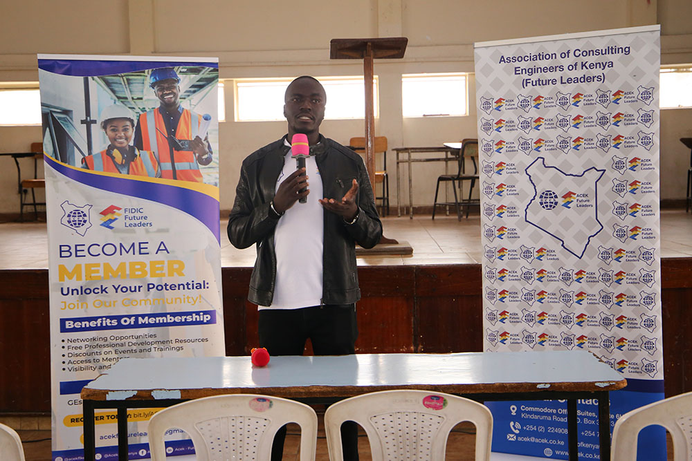 Institute of Engineers of Kenya representative, Eng. Isaac Hansol, addressing students during the mentorship session.